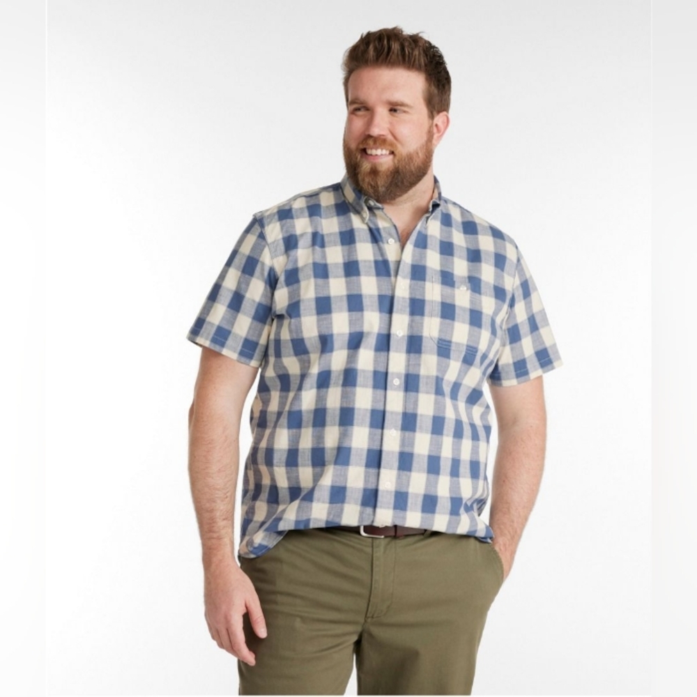 L.L.Bean Chambray Comfort Stretch Untucked Fit Short Sleeve Plaid Men Shirt